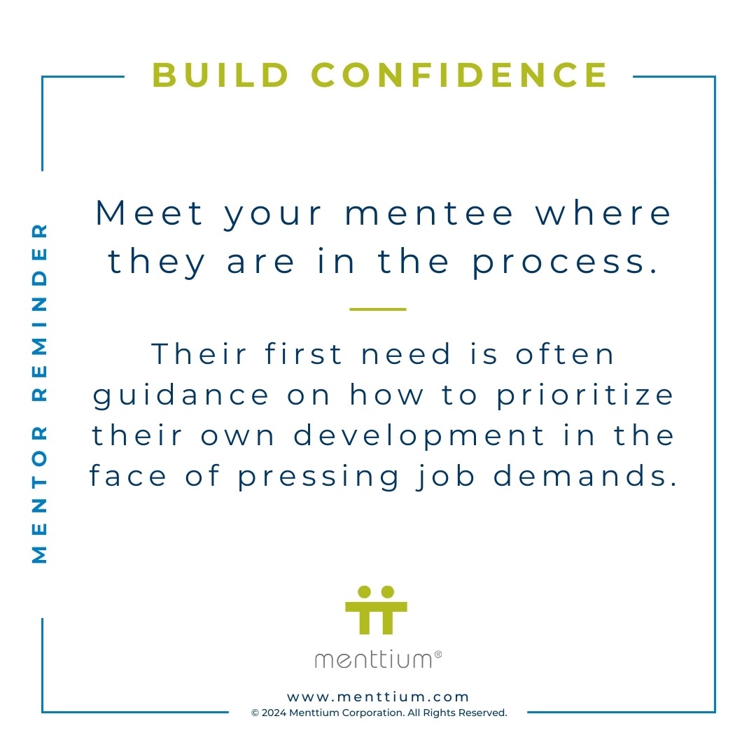 Mentor Tip 1 - Meet your mentee where they are in the process. Their first need is often guidance on how to prioritize their own development in the face of pressing job demands.