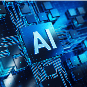 Close-up of a circuit board with a large "AI" chip in the center, symbolizing artificial intelligence technology.