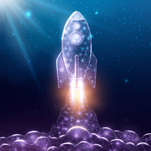 A glowing digital rocket launching into space, surrounded by a starry sky, symbolizing innovation, growth, and new opportunities.