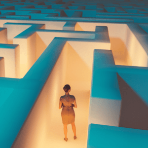 A woman navigating through a brightly lit maze, symbolizing career exploration and decision-making.